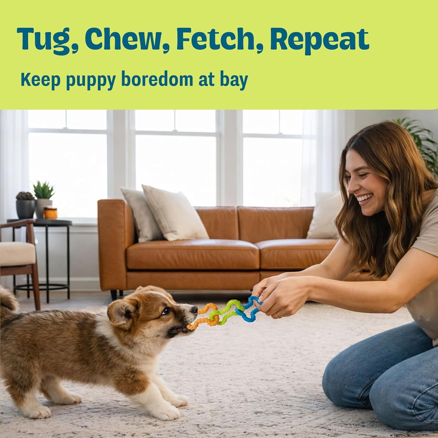 image:imageDental Chew Wheel Dog Toy Ring amp Rope Tug MultiTextured Soft on Teeth Moderate Chewers Mint Scented 9Bonetugz Blue