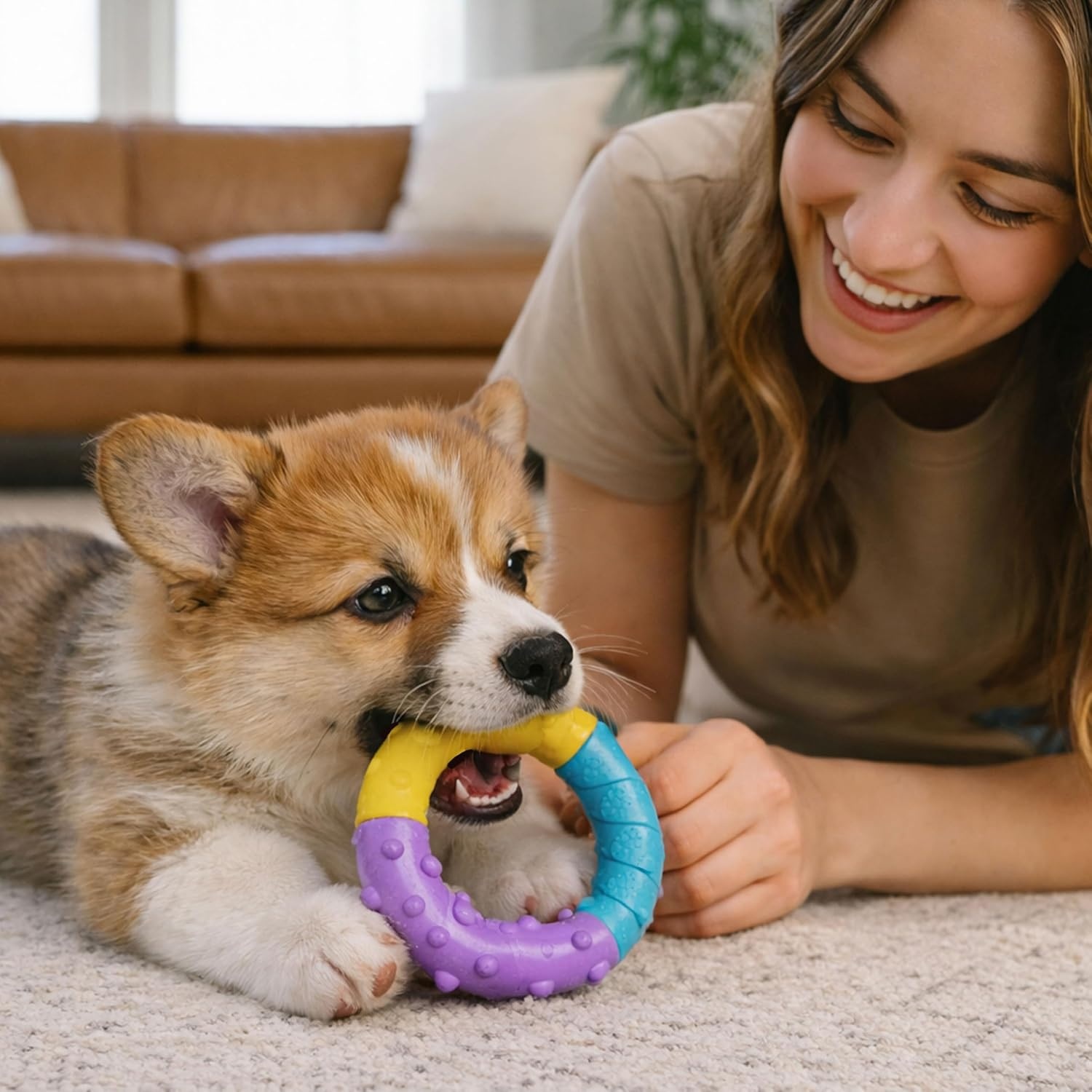 image:imageDental Chew Wheel Dog Toy Ring amp Rope Tug MultiTextured Soft on Teeth Moderate Chewers Mint Scented 9Ring
