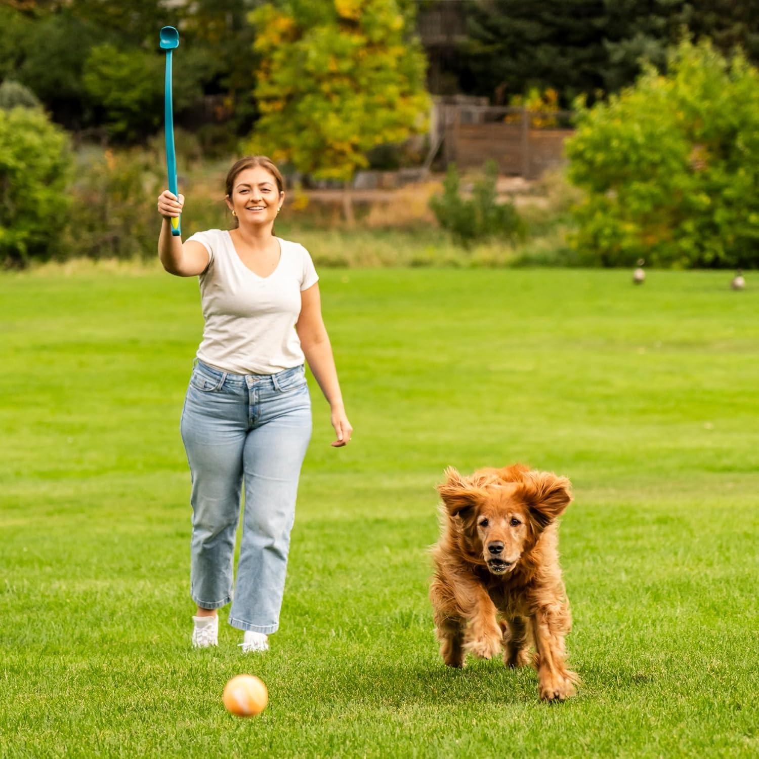 image:imageOutward Hound Launch A Ball Squeak Dog Ball Launcher Interactive Fetch Toy Squeaker Handle LongDistance Play SlobberFree PickupBlue Dog Ball Launcher with Squeaking Handle