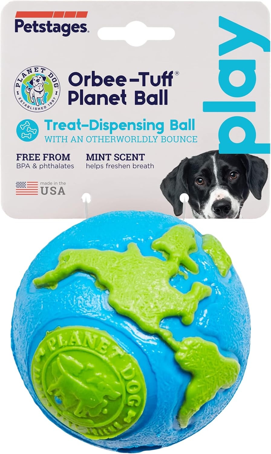 image:imageOutward Hound by Planet Dog OrbeeTuff Planet Ball BlueGreen TreatDispensing Dog Toy MediumPlanet Earth