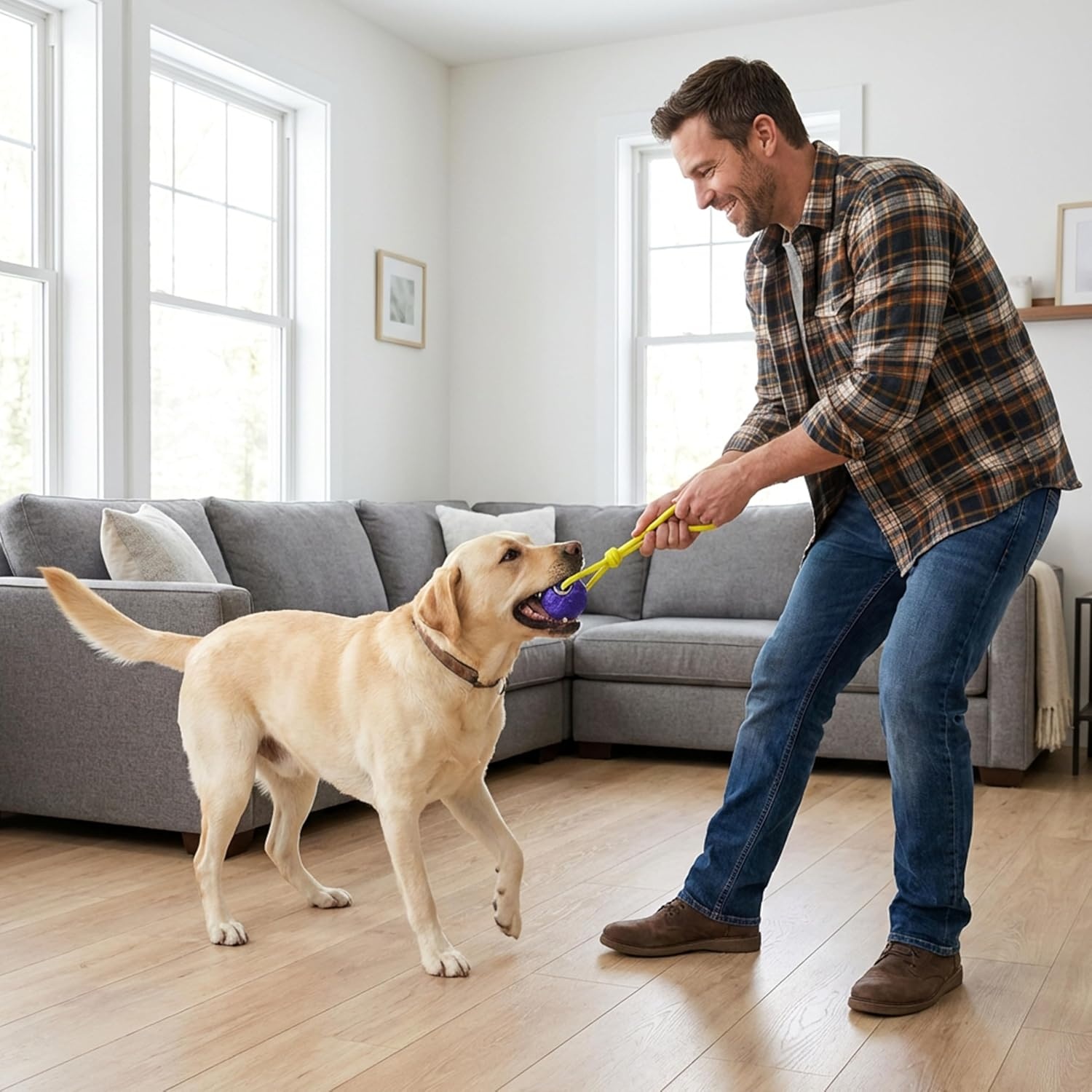 image:imageOutward Hound FlyFetch Ball Tug Dog Toy Durable Rubber amp Rope for Fetch and TugofWar Lightweight Floats 9 x 3