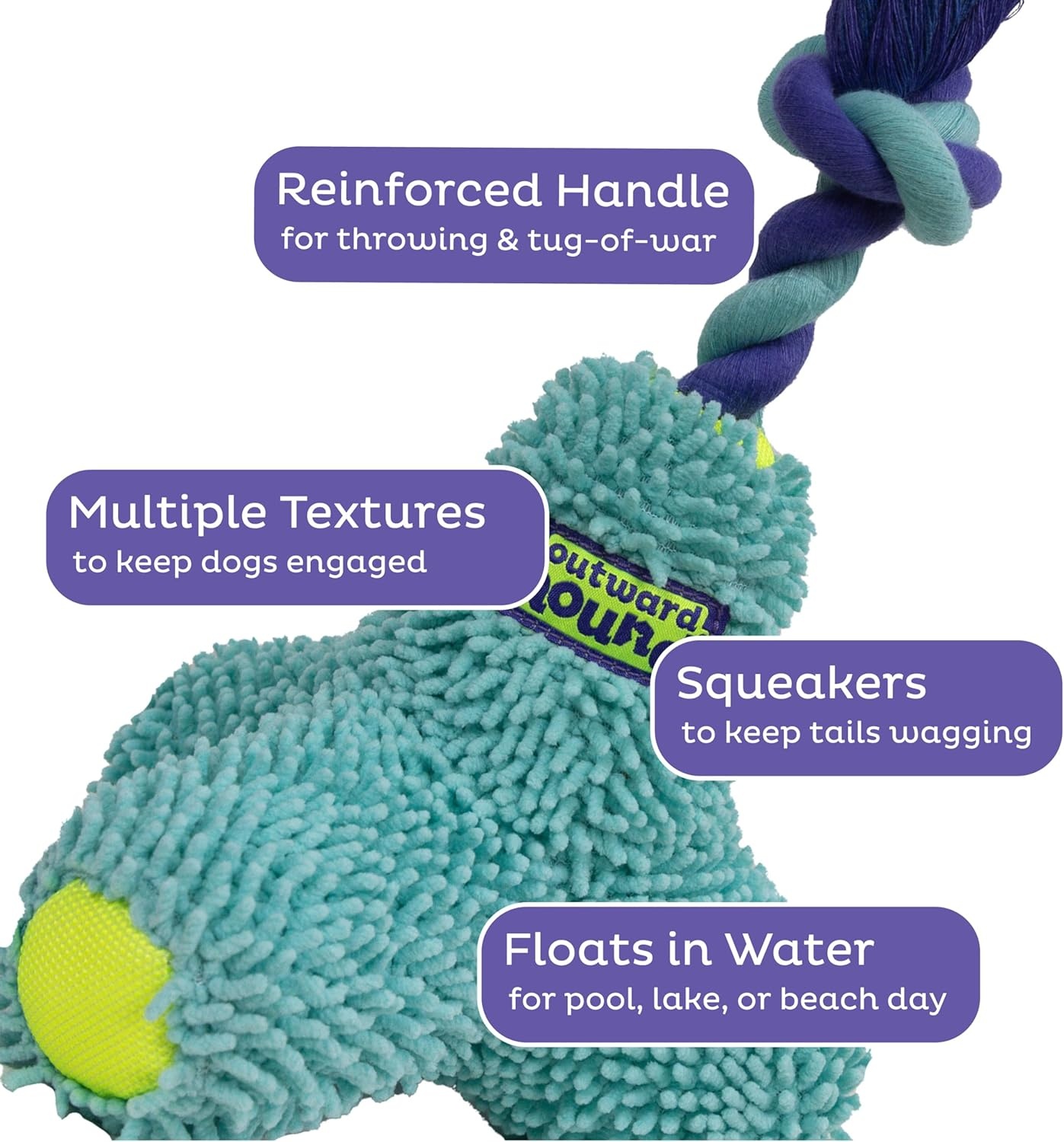 image:imageOutward Hound FlyFetch Rope Tug Dog Toy Plush Body with Squeakers Multiple Textures Floats in Water All Breeds 11