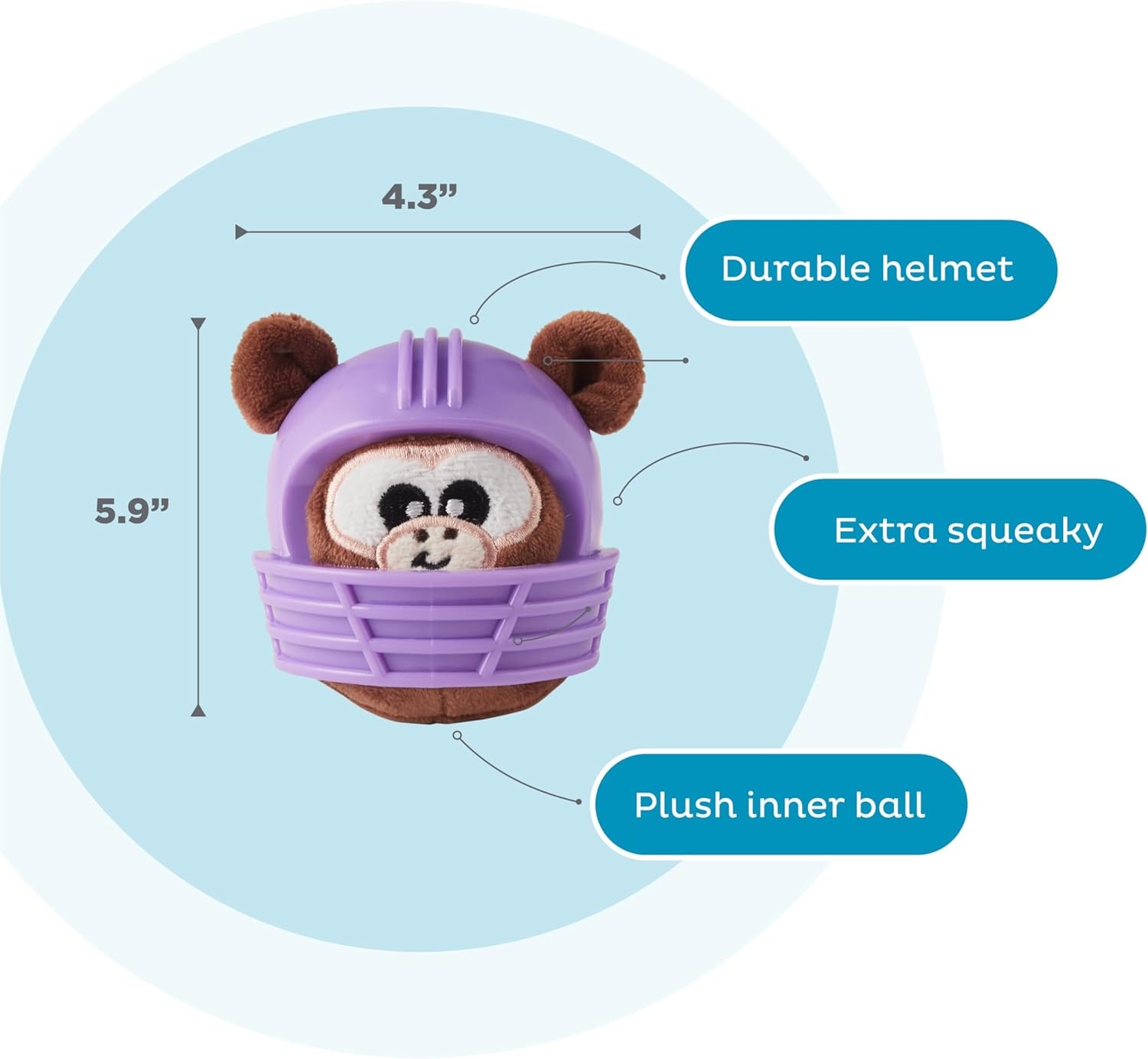 image:imageOutward Hound Helmet Headz Monkey Dog Toy Plush Squeaky Fetch Ball Durable Dog Toy for Active Play Multicolored Small