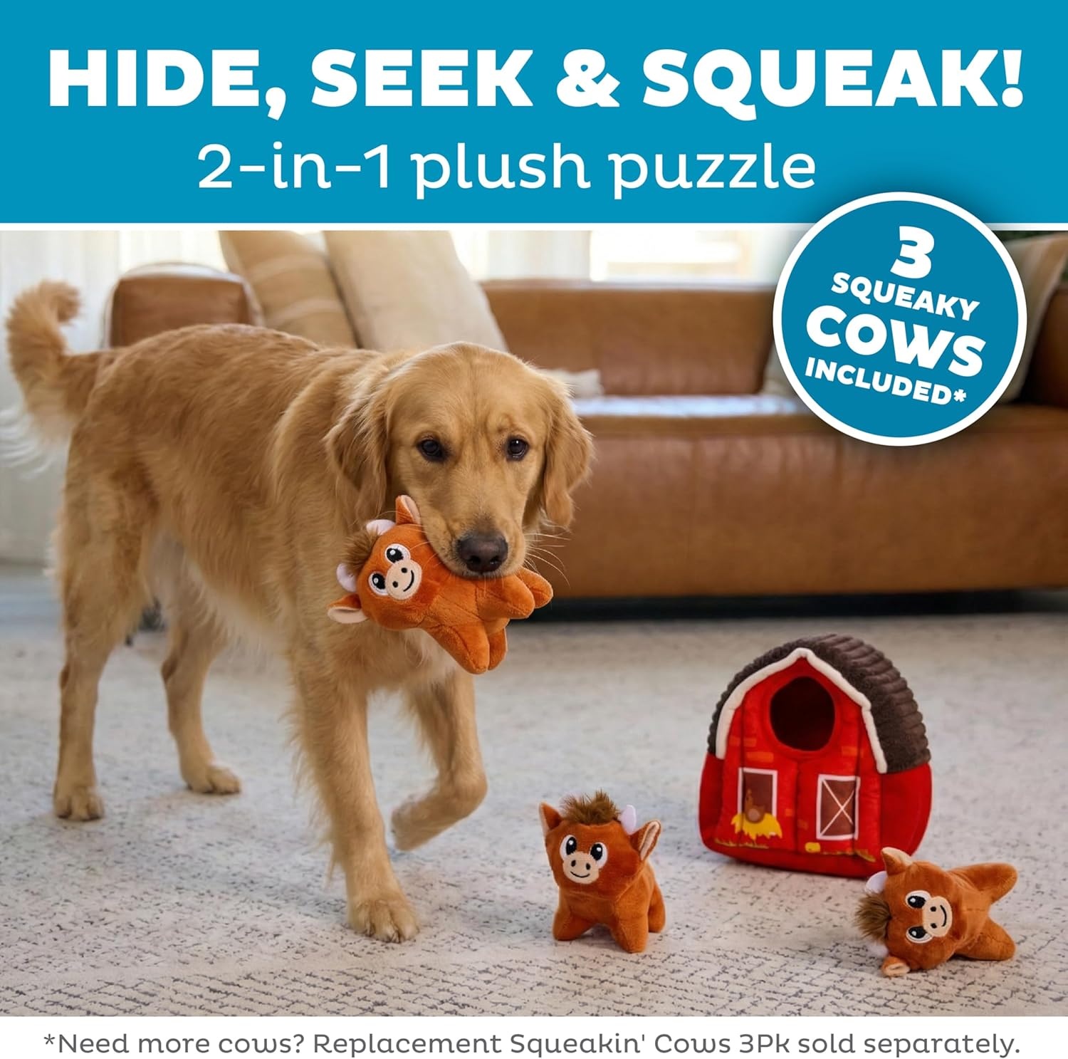 image:imageOutward Hound HideACow Dog Toy 2in1 Interactive Hide amp Seek Plush Puzzle with Barn amp 3 Squeaky Highland Cows