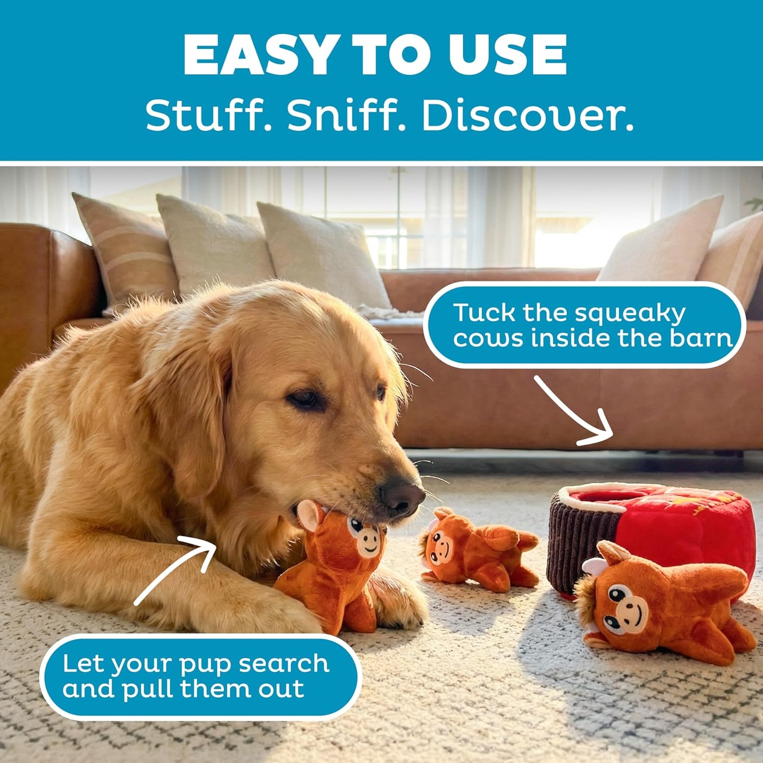 image:imageOutward Hound HideACow Dog Toy 2in1 Interactive Hide amp Seek Plush Puzzle with Barn amp 3 Squeaky Highland Cows
