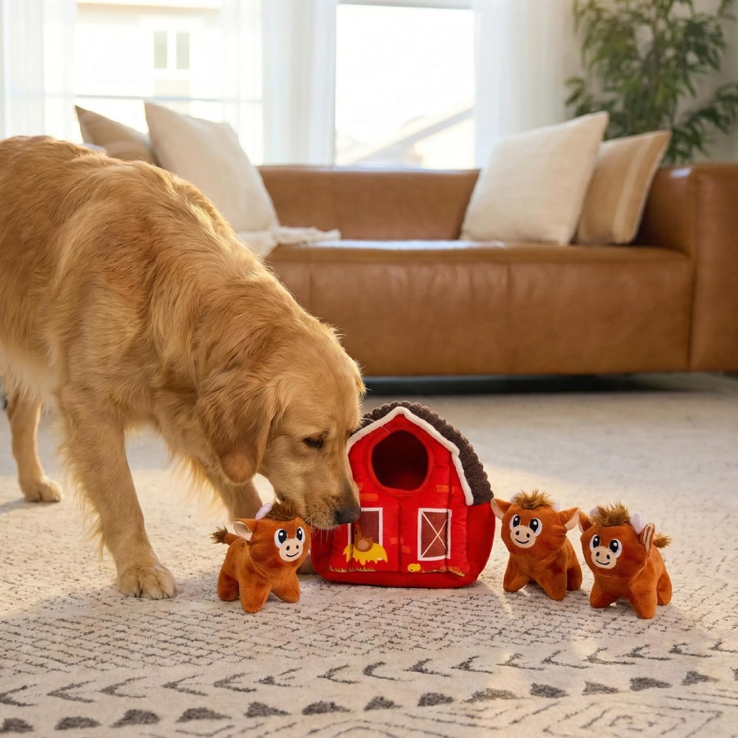 image:imageOutward Hound HideACow Dog Toy 2in1 Interactive Hide amp Seek Plush Puzzle with Barn amp 3 Squeaky Highland Cows