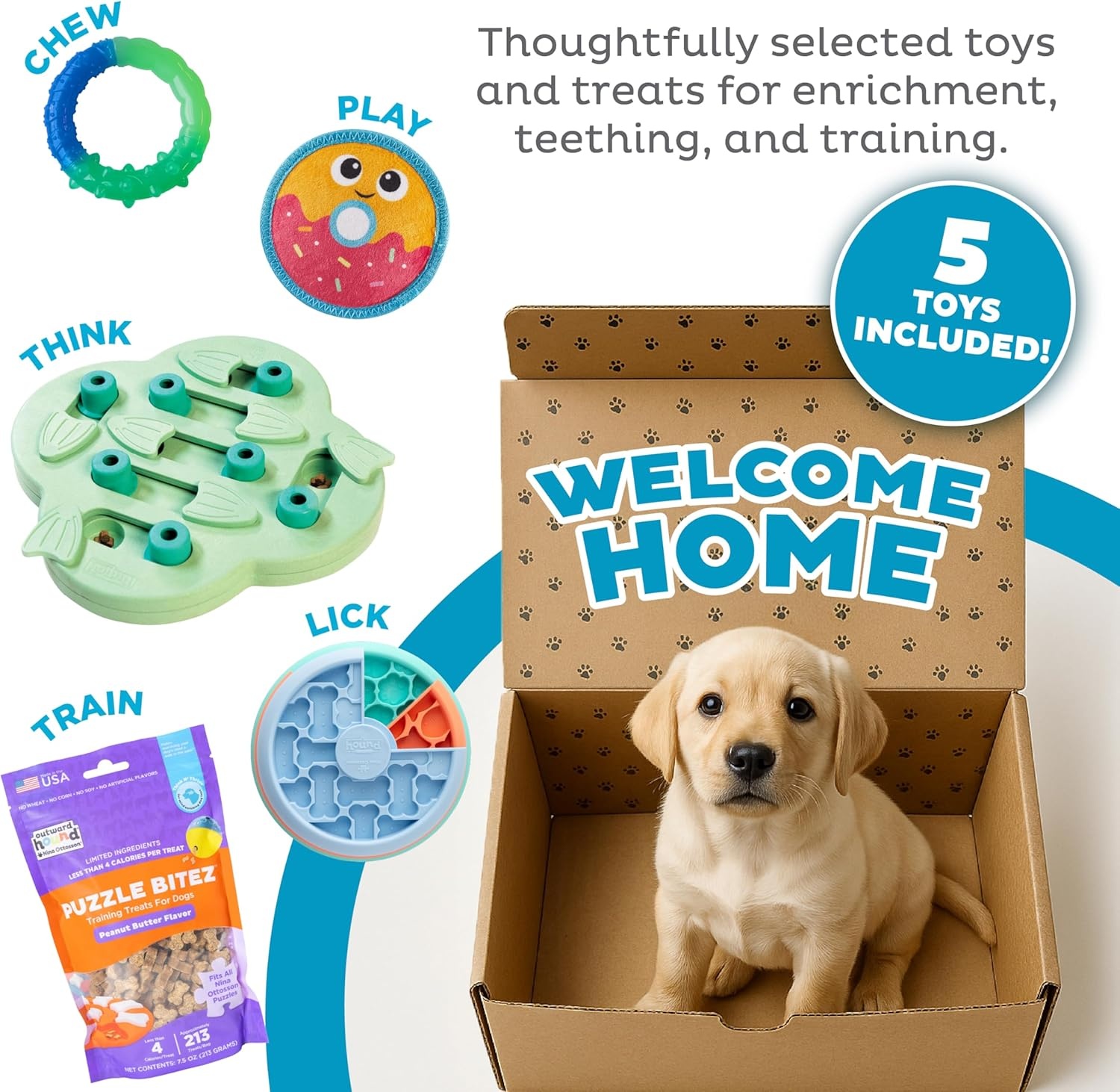 image:imageOutward Hound New Puppy Welcome Kit Lickin Layers Hide N Slide GrowwithMe Ring Donut Plush Toys amp Puzzle Bitez Peanut Butter Treats for Puppies