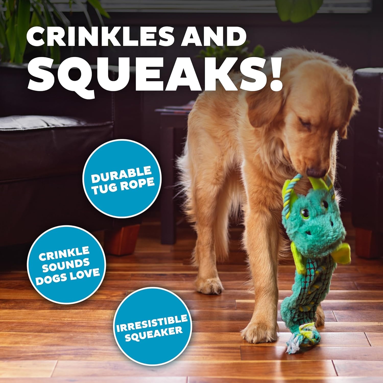 image:imageOutward Hound Ropiez Rope Interactive Dog Tug Toy for Tugging Squeaky Fun 236 Inch Mallard Green LargeRopiez Dragon