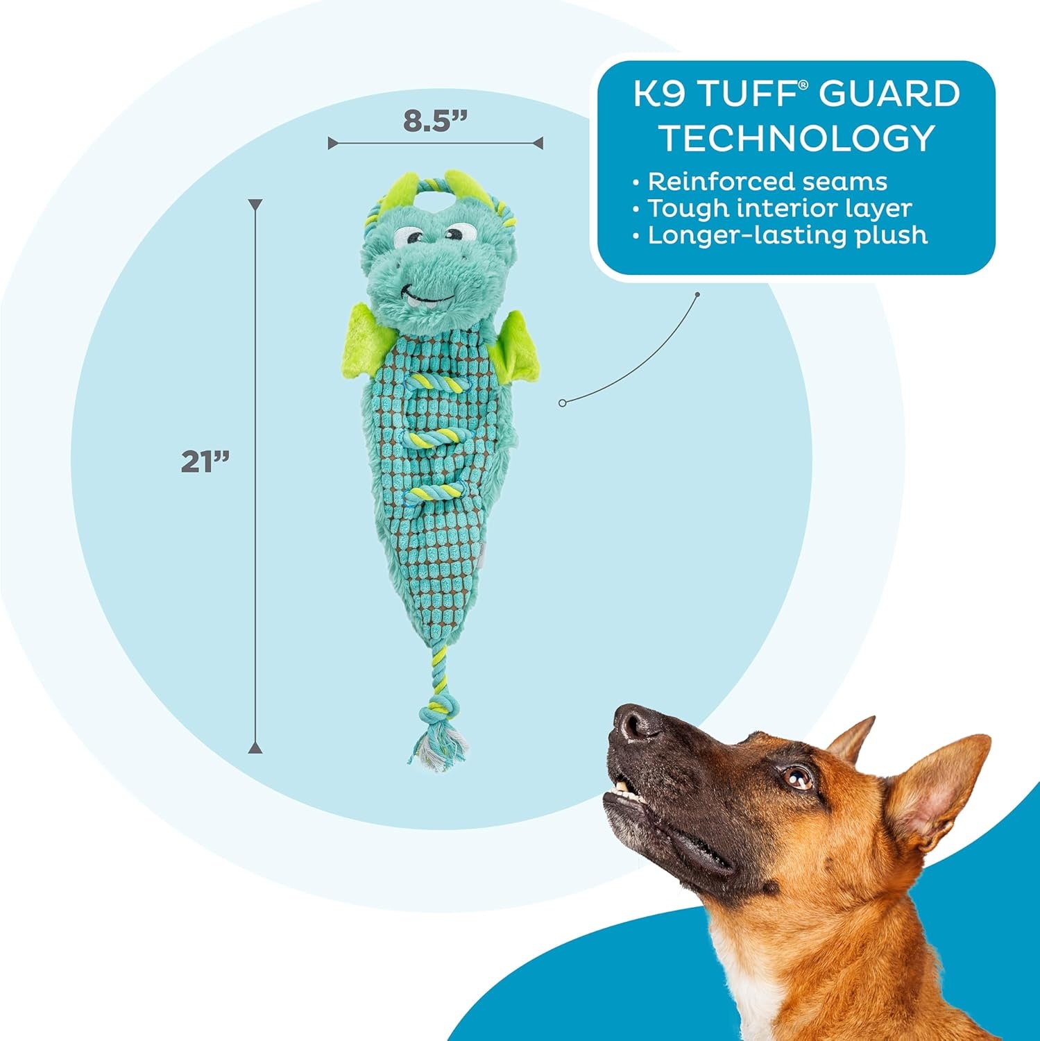 image:imageOutward Hound Ropiez Rope Interactive Dog Tug Toy for Tugging Squeaky Fun 236 Inch Mallard Green LargeRopiez Dragon