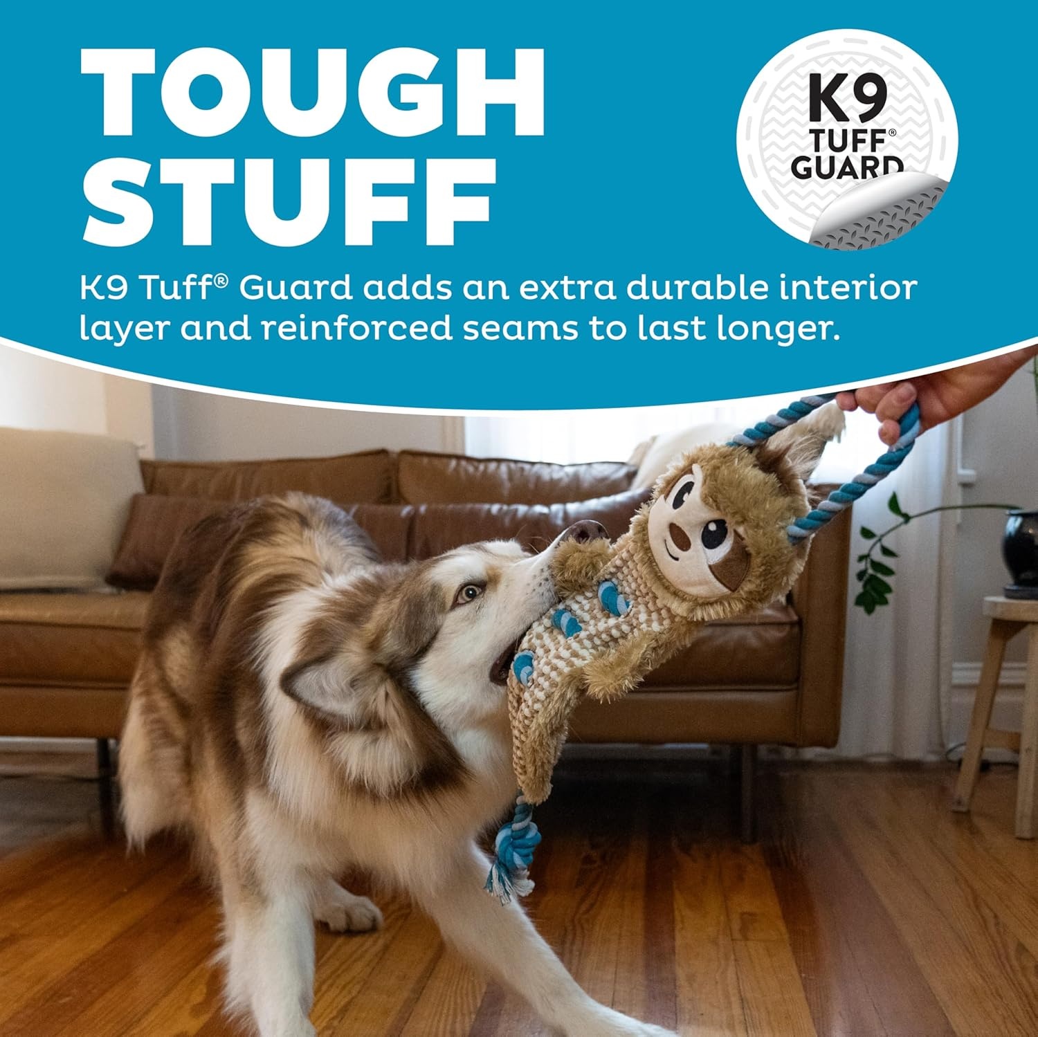 image:imageOutward Hound Ropiez Rope Interactive Dog Tug Toy for Tugging Squeaky Fun 236 Inch Mallard Green LargeRopiez Sloth