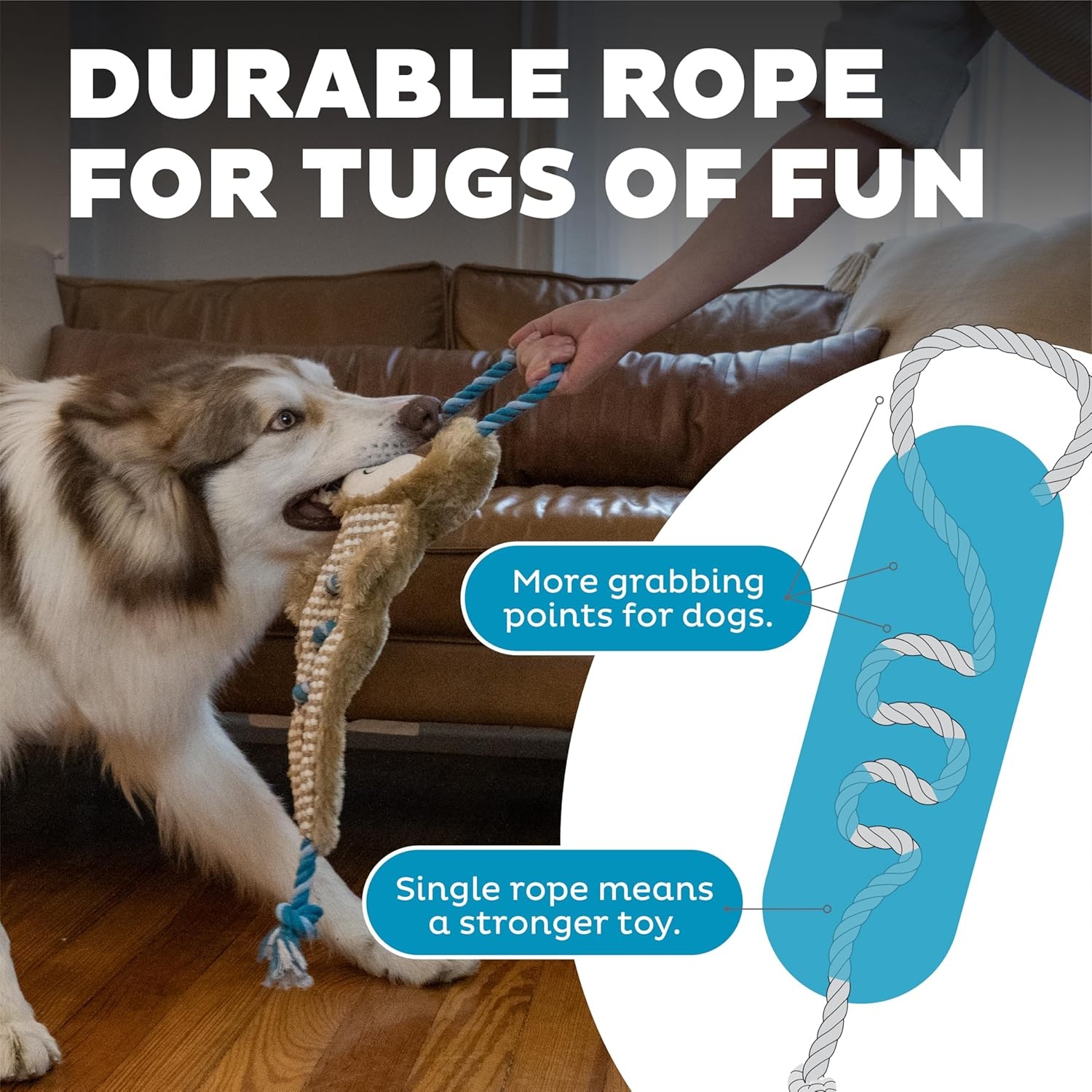 image:imageOutward Hound Ropiez Rope Interactive Dog Tug Toy for Tugging Squeaky Fun 236 Inch Mallard Green LargeRopiez Sloth