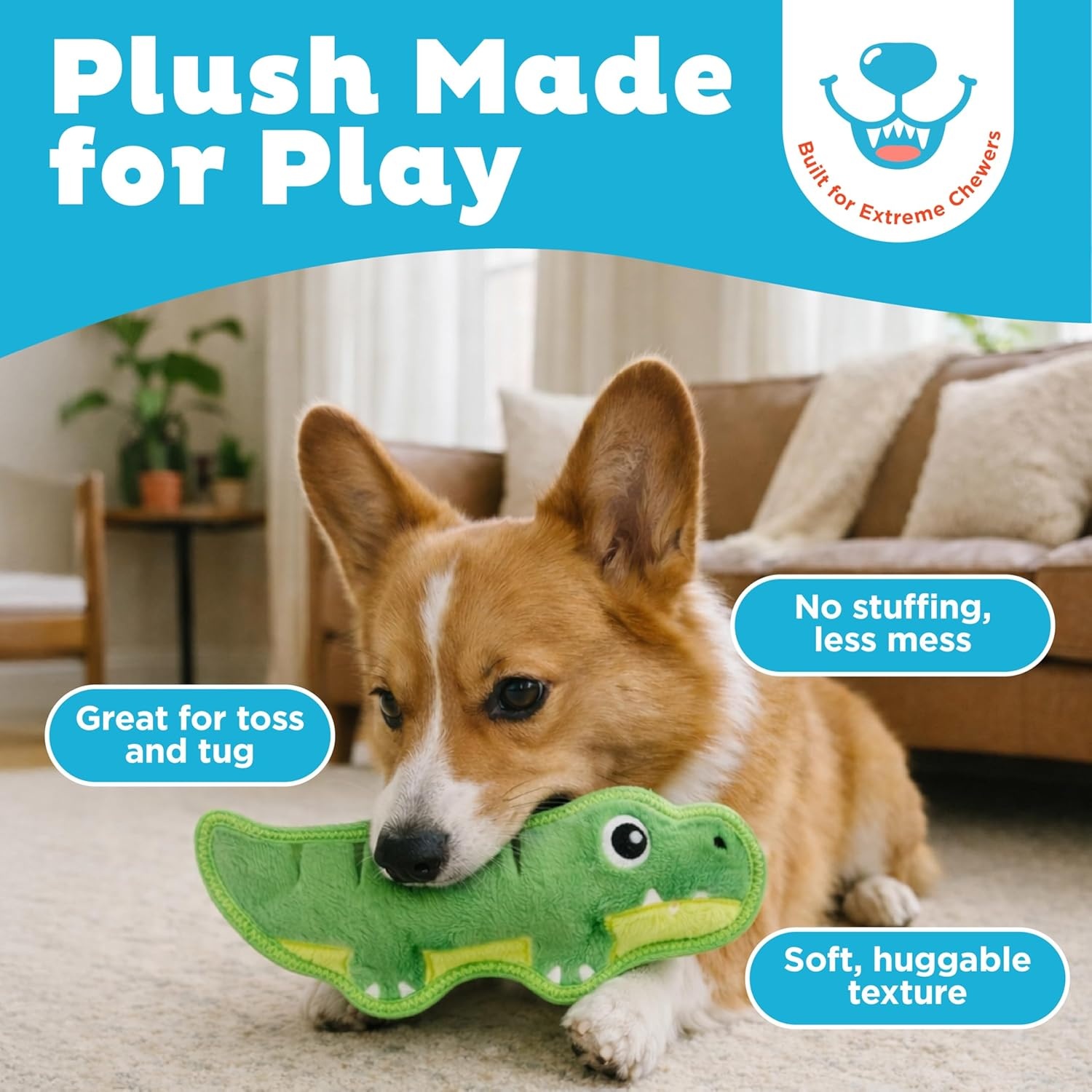 image:imageOutward Hound Tough Skinz Dog Toy Durable Plush with 2X Lining No Stuffing Jumbo Squeaker Alligator 95