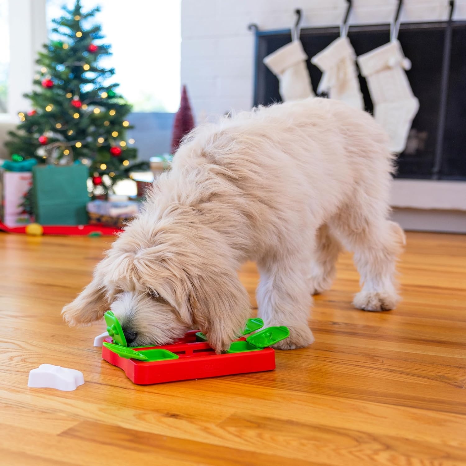 image:imageOutward Hound by Nina Ottosson AMaze Ball Dog Treat Puzzle Ball Level 2 Intermediate 846 Diameter GreenHoliday Dog Brick Red White Green