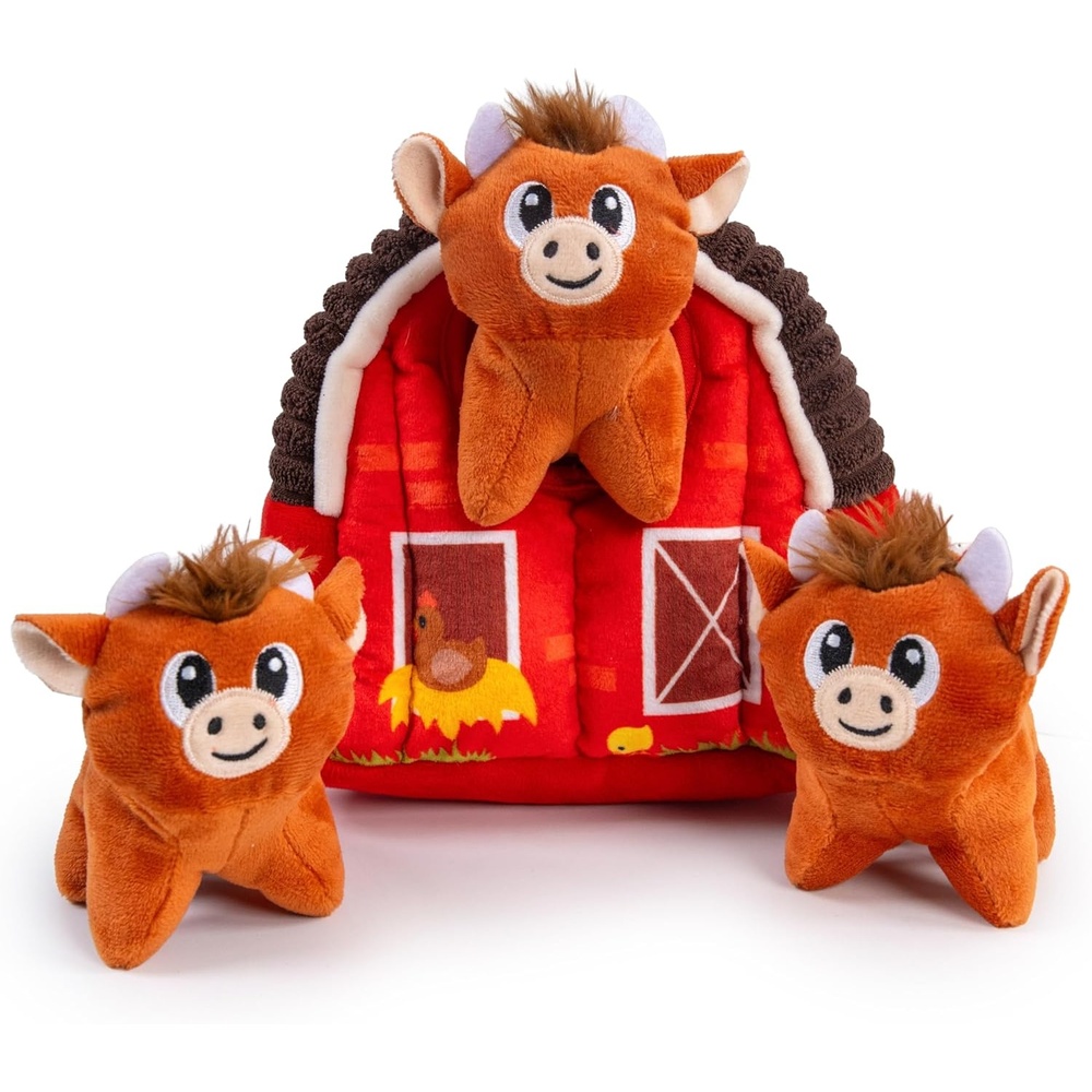 image:imageOutward Hound HideACow Dog Toy 2in1 Interactive Hide amp Seek Plush Puzzle with Barn amp 3 Squeaky Highland Cows