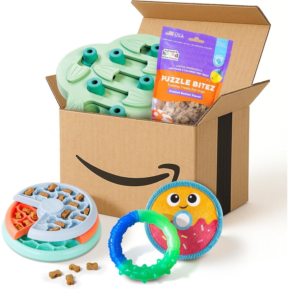 image:imageOutward Hound New Puppy Welcome Kit Lickin Layers Hide N Slide GrowwithMe Ring Donut Plush Toys amp Puzzle Bitez Peanut Butter Treats for Puppies