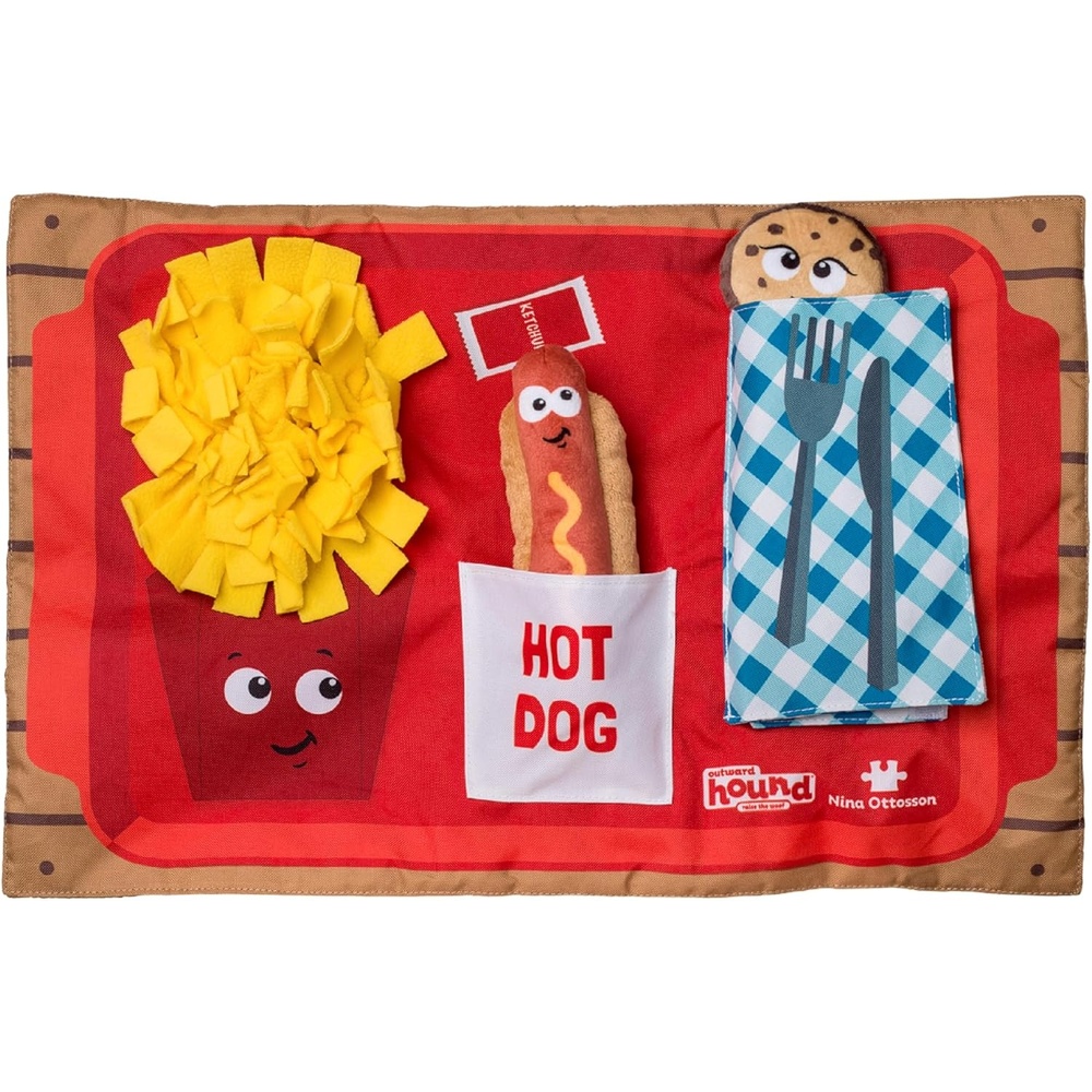 image:imageOutward Hound by Nina Ottosson Activity Matz Fast Food Fun Plush Dog Puzzle Mat Dog Enrichment Dog Toy Level 2 Intermediate MulticoloredActivity Matz Fast Food