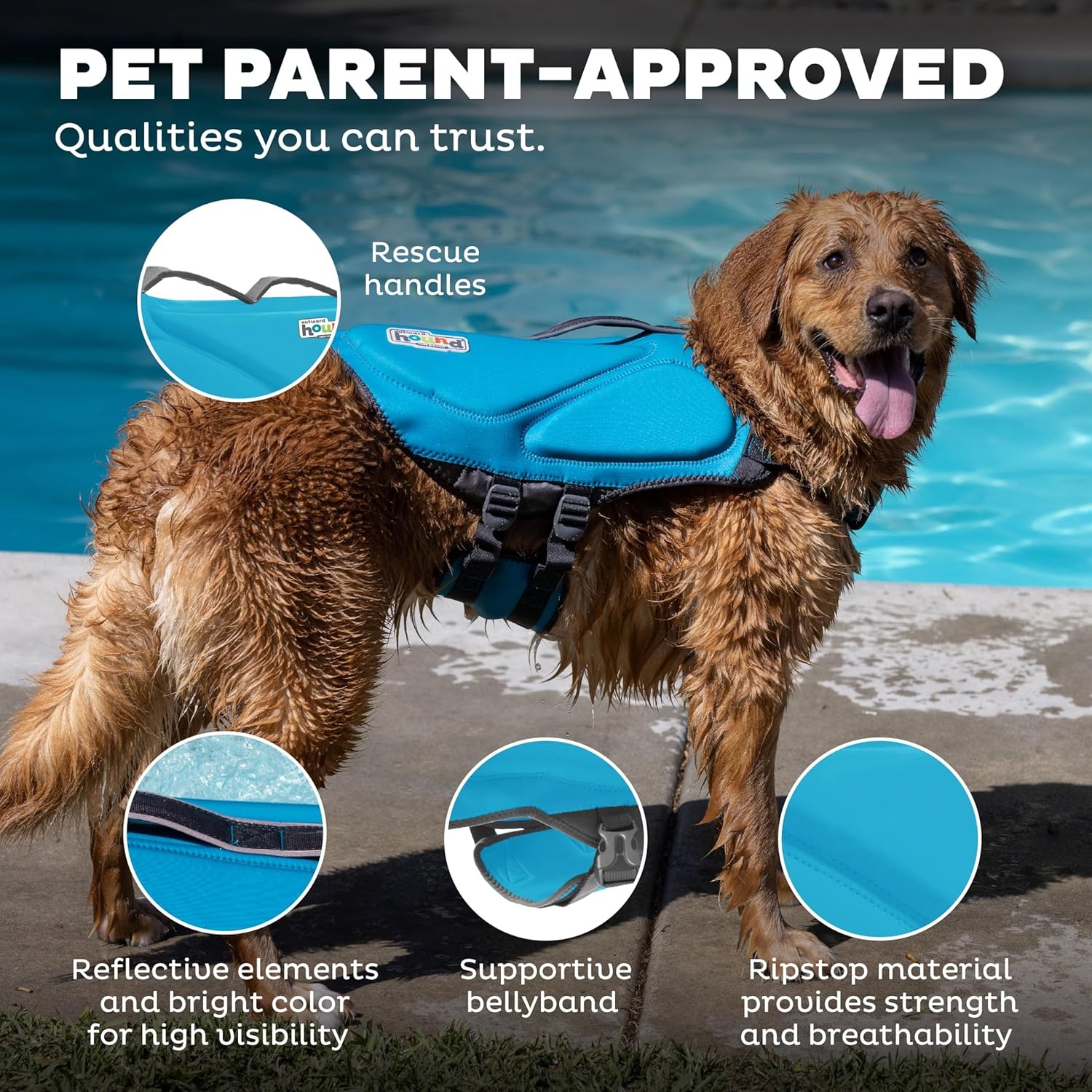 image:imageOutward Hound Dawson Swim Dog Life Jacket HighPerformance Neoprene Dog Life Vest for Swimming Boating and Water Safety Medium BlueBlue