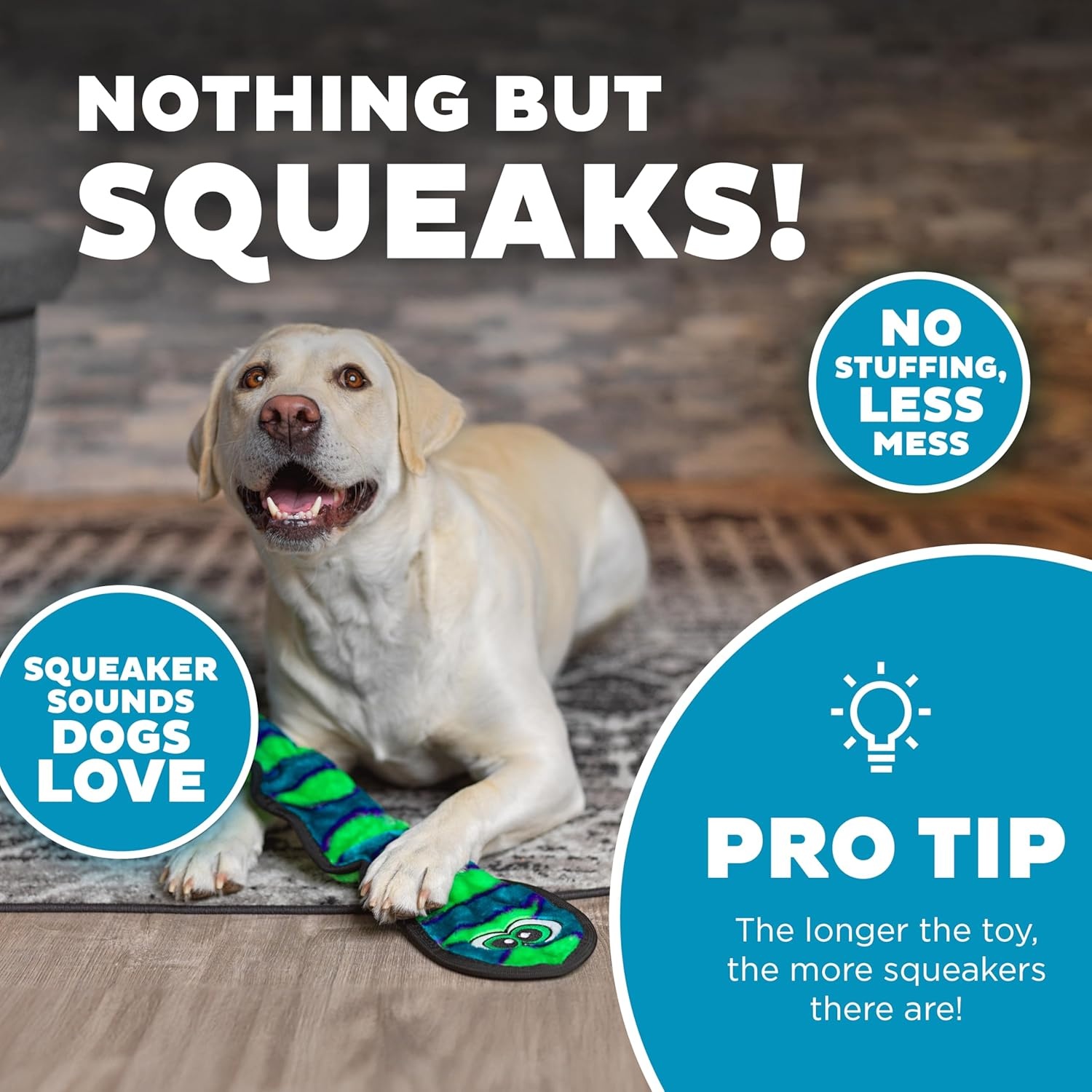 image:imageOutward Hound Durablez Gecko Squeaky Plush Dog Toy No Stuffing for Less Mess Interactive amp Tough 4 Jumbo Squeakers Puppies amp Dogs Large 175Blue Snake