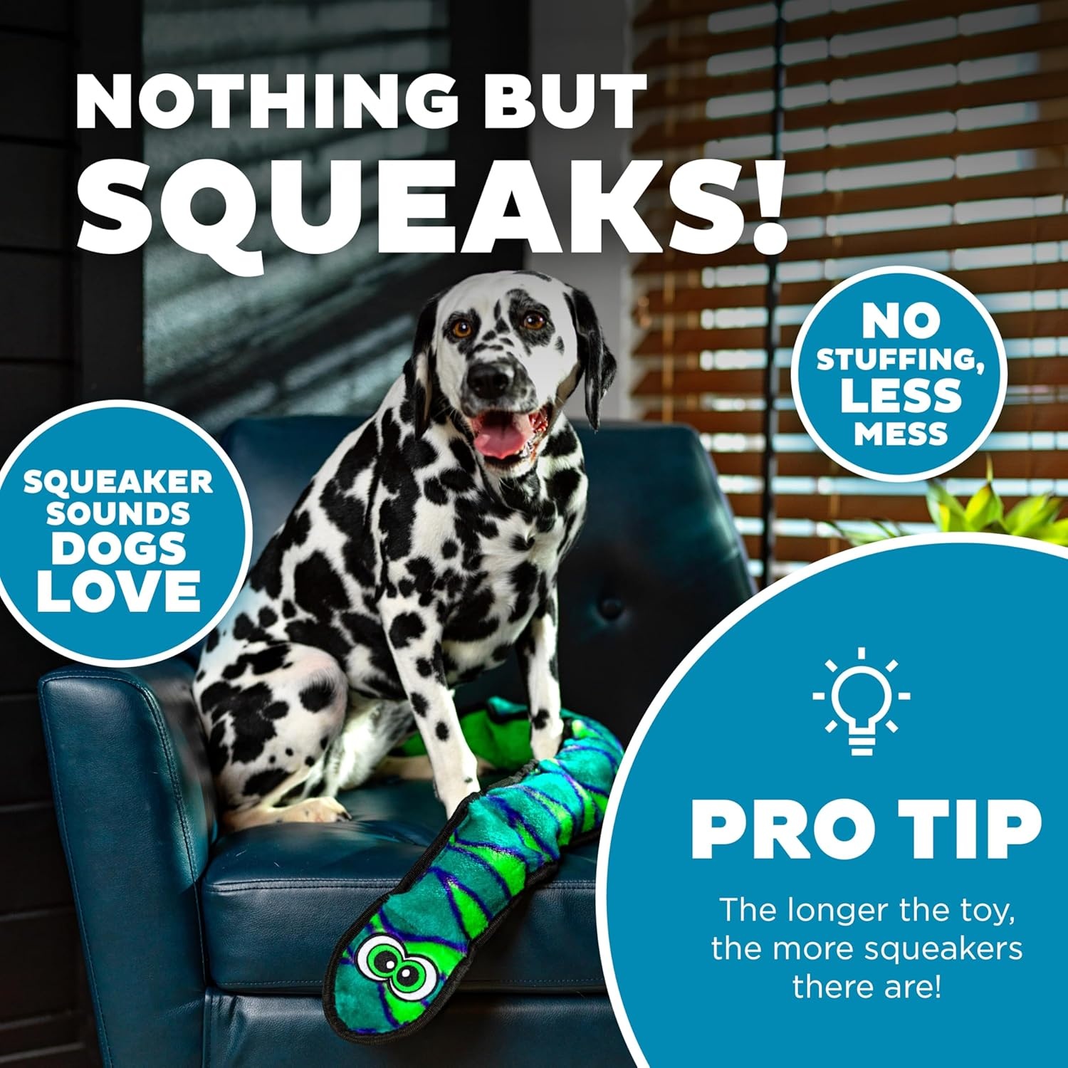 image:imageOutward Hound Durablez Gecko Squeaky Plush Dog Toy No Stuffing for Less Mess Interactive amp Tough 4 Jumbo Squeakers Puppies amp Dogs Large 175Blue Snake