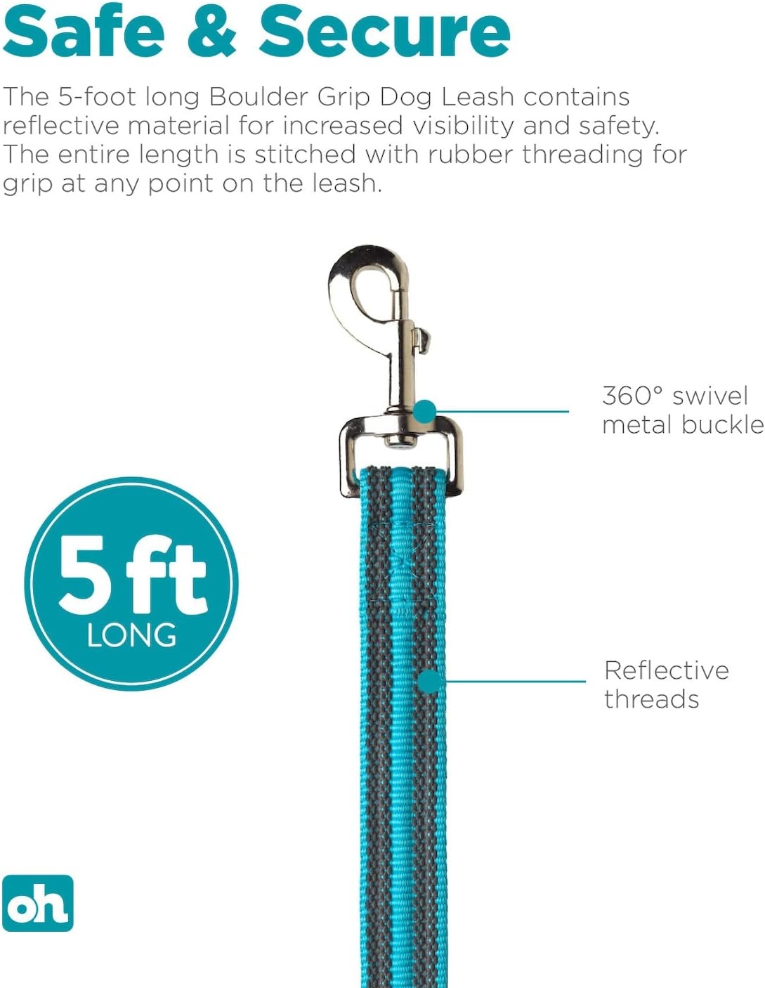 image:imageOutward Hound Boulder Grip Reflective Dog Leash Black 5 ftTurquoise