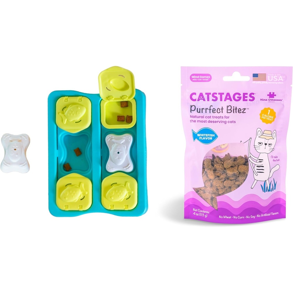 image:imageCatstages Kitty Cube Treat Puzzle Toy Nina Ottosson Purrfect Bitez Natural Crunchy Cat Treats Real Whitefish Flavor 4oz Interactive Feeder amp Training BundleKitty Cube Treats Bundle